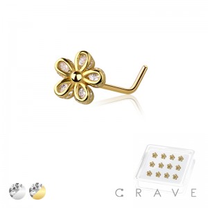 12PCS OF MULTI CZ FLOWER 316L SURGICAL STEEL L-SHAPE NOSE BOX